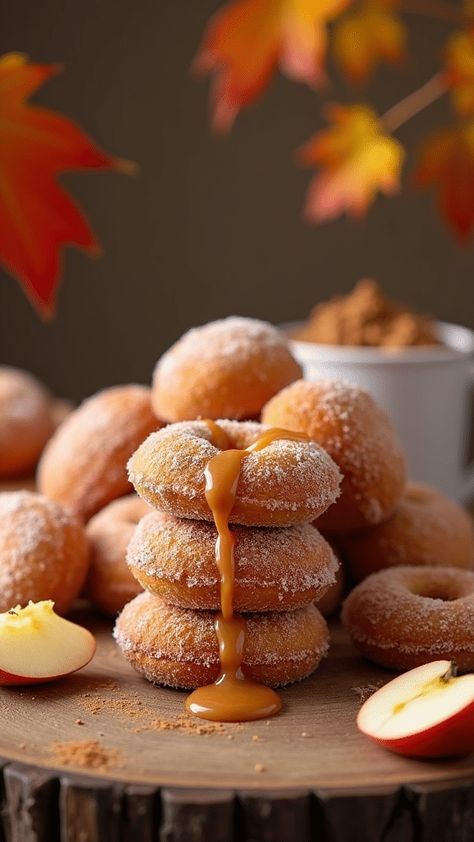 Caramel Apple Cider Donut Holes Caramel Apple Donut, Apple Cider Donut Holes, Apple Doughnut, Caramel Apple Cider, Apple Donuts, Creamy Pudding, Seasonal Desserts, Apple Cider Caramels, How To Make Caramel