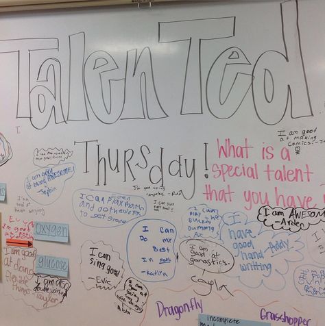 "Talented Thursday" inspired by #miss5thswhiteboard #buildingpositivity #iteach4th #teachersfollowteachers #teachersofinstagram | Instagram Whiteboard Writing, Whiteboard Prompts, Whiteboard Questions, Whiteboard Messages, Morning Board, Responsive Classroom, All The Bright Places, Morning Activities, Daily Writing Prompts