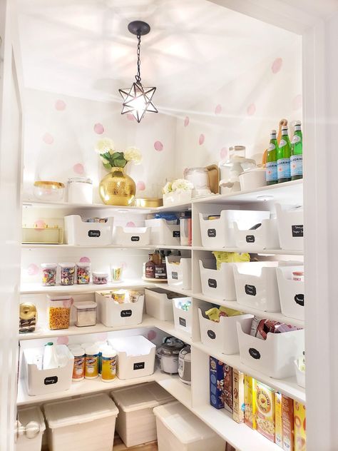 #whitelanedecor @whitelanedecor. Cute pantry, DIY pantry, vinyl decals in pantry, wallpaper pantry, polka dot walls in pantry, pink pantry, pantry ideas, organized pantry, decorated pantry, storage bins in pantry, bright pantry, pendant in pantry. Wallpaper Pantry, Pink Pantry, Pantry Wallpaper, Pantry Diy, Simply Organized, Black White Kitchen, Organized Pantry, Pantry Makeover, Small Kitchen Organization