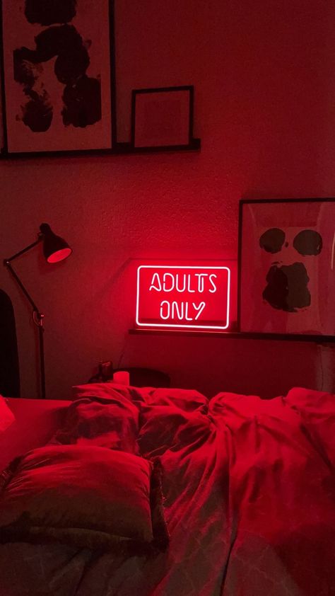 Adults Only Sign, Neon Signs Bedroom Couple, Neon Signs In Bedroom, Couples House Decor, Red Rooms Bedroom, Neon Sign In Bedroom, Hot Bedroom Ideas For Couples, Red Room Ideas Bedrooms, Neon Light Signs Bedroom