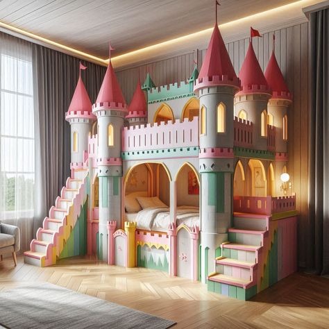 Bring castle to your kid room Diy Princess Bedroom Ideas, Castle Bedroom Kids, Castle Beds, Princess Castle Bed, Slide Bedroom, Bedroom Castle, Grandkids Room, Princess Bedrooms, Castle Bed