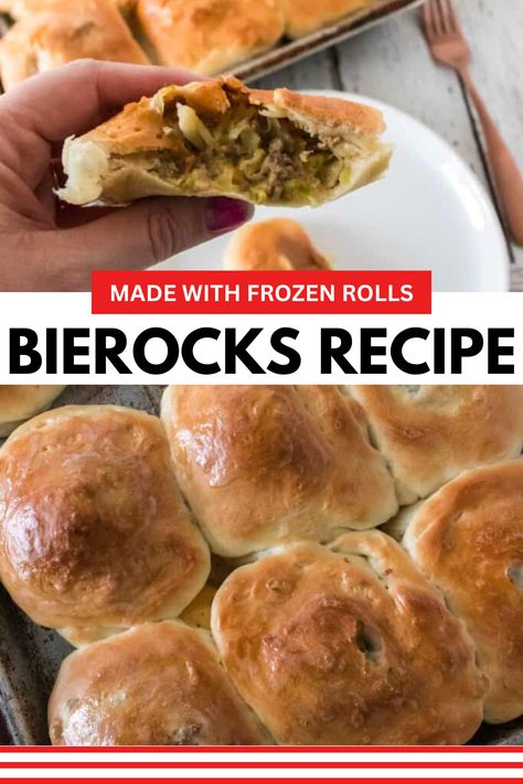 Here is the easiest Bierocks Recipe! To speed up the prep of homemade Bierocks, you will use frozen dinner rolls—ground beef and cabbage! This is a freezer friendly meal if you like to meal prep. An easy ground beef recipe idea for you to make any time of the year. #groundbeef #bierocks #frozendinnerrolls #easy #mealprep #freezerfriendly Easy Frozen Dinners Freezer Meals, Easy Beirrocks, Bierocks Recipe Easy Rhodes Rolls, Bierocks Recipe Easy, Freezing Meals, Bierocks Recipe, Homemade Bread Dough, Frozen Dinner Rolls, Frozen Dinner