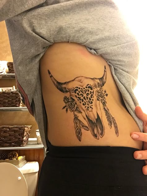 Cow skull tattoo #tattoo #pretty #skull Steer Skull Tattoo, Cow Skull Tattoo, Skull Thigh Tattoos, Cow Skull Tattoos, Bull Skull Tattoos, Skull Tattoo Ideas, Tattoos With Deep Meaning, Side Thigh Tattoos, Cowgirl Tattoos