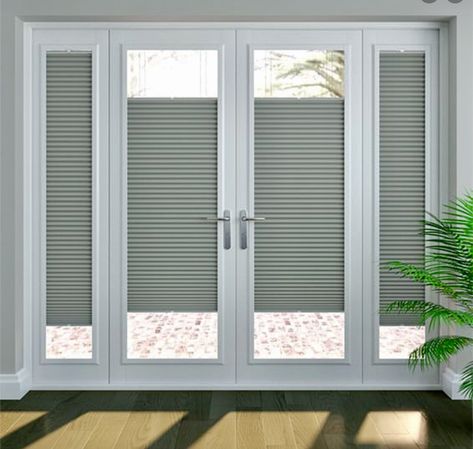 Blinds For French Doors Ideas, French Doors Blinds, Sliding Door Cover, Patio French Door, Exterior Glass Doors, French Door Blinds, Grey Kitchen Blinds, Door Window Ideas, White House Ideas