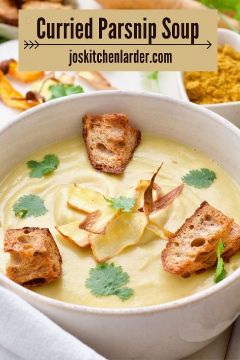 Gently spiced, creamy & comforting this curried parsnip soup will warm you up for sure. Few simple ingredients and all the flavour. If there was only one soup to eat this winter, it would have to be this one! #parsnipsoup #curriedparsnipsoup #roastedparsnips #wintersoup #comfortfood #soupforlunch Parsnip Curry, Soup With Parsnips, Curried Parsnip Soup Recipe, Spicy Parsnip Soup Recipes, Creamy Parsnip Puree, Curried Parsnip Soup, Parsnip Soup, Vegetable Crisps, Roasted Parsnips