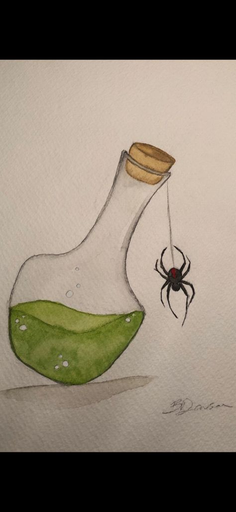 Poison Sketch, Potions Drawing, Spider Watercolor, Poison Drawing, Poison Drawings, Potion Drawing, Watercolour Halloween, Poison Potion, Redback Spider