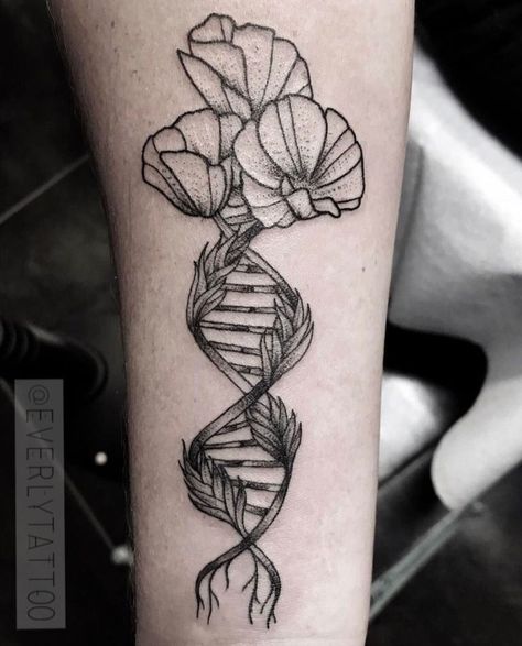 DNA strand with poppies Brca2 Tattoo, California Inspired Tattoo, Neuron Tattoo, Strand Tattoo, Dna Strand, Dna Art, Dna Tattoo, Tattoo 2024, Art Examples