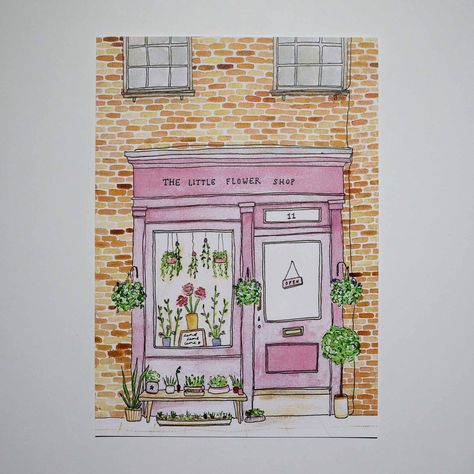 Flower Shop Drawing, Flower Shop Watercolor Painting, Storefront Watercolor Painting, London Watercolor Illustration, Watercolor Amsterdam, Watercolour Projects, London Watercolour Painting, Soothing Art, Shop Drawing