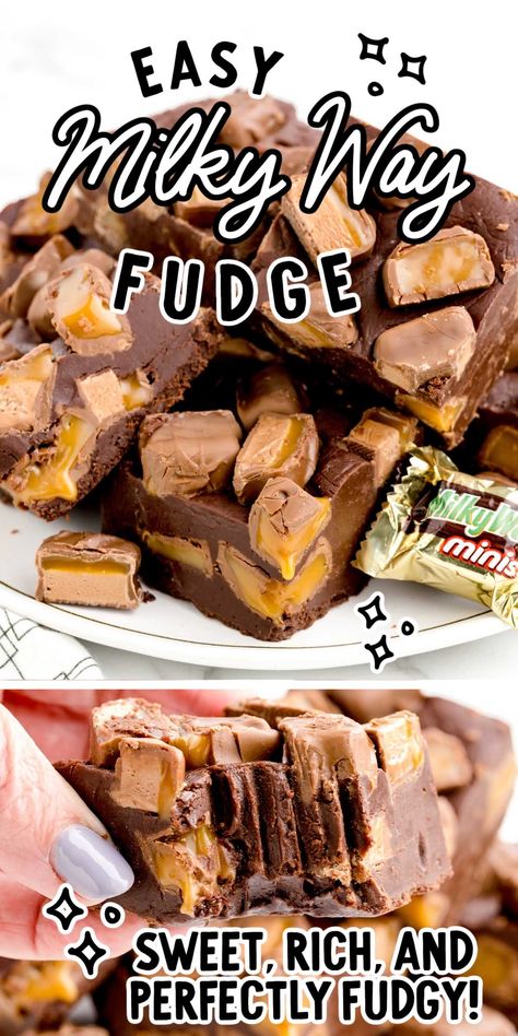 You can’t go wrong with layers of candy bars and chocolate, and this Milky Way fudge proves it. Chunky Candy Bar Recipe, Milky Way Fudge, Candy Bar Fudge, No Bake Fudge, Candy Bar Recipe, Holiday Fudge, The Milky Way Galaxy, Fudge Ingredients, Oreo Fudge