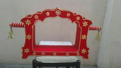 Palki Decoration Ideas, Palkhi Decoration, Vana Decoration, Palki Design, Wedding Card Decorations, Wedding Gift Art, Wedding Platters, Ganpati Decoration At Home, Ganapati Decoration