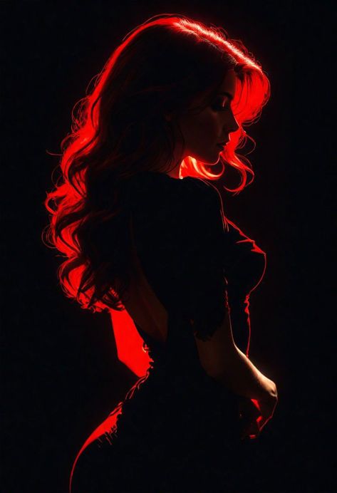 Discover the beauty of shadow art with this stunning Plaka closeup. A mesmerizing silhouette with a red outline and loose hair, set against a dark black background, illuminated by a subtle light. Perfect for art enthusiasts and collectors. Shadow Painting Silhouettes, Red Haired Woman Art, Profile Pic Ideas Instagram, Black And Red Photoshoot, Black Background Photoshoot, Backlit Photos, Illuminate Photography, Red Haired Woman, Shadow Hair