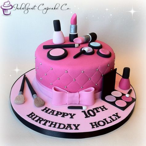 Cute make-up cake...... Make Up Cakes Birthdays Girly, Makeup Cake Ideas, Make Up Torte, Spa Birthday Cake, Photo Print Cake, Makeup Birthday Cakes, Spa Cake, Makeup Birthday, Makeup Cake