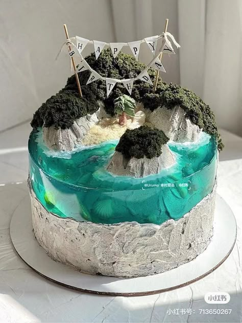 Art Cake Design, Water Cake, Modern Gift Wrap, Summer Birthday Cake, Nature Cake, Island Cake, Ocean Cakes, Soap Cake, Nana Birthday