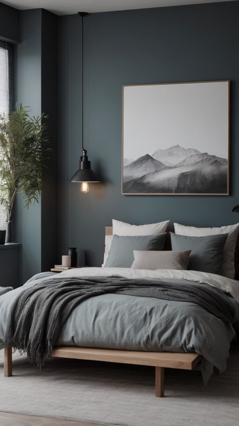 Small Bedroom Focal Wall Ideas, Bedroom Paint Colors For Men, Bedroom Color Themes Master, Dark Bedrooms Decor, Charcoal Blue Bedroom, Slate Blue Bedroom Ideas, Dark Blue Grey Bedroom, Blue Grey Bedroom Walls, Smoky Blue Bedroom