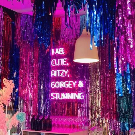 Party Photoshoot Background, Ceiling Decor For Party, Glitter Party Decor, Sparkle Party Theme, Neon Disco Party, Glow Furniture, Rachel Burke, Neon Disco, Disco Birthday Party