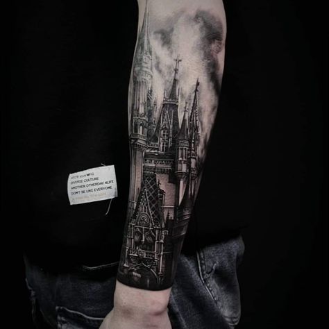 Castle Forearm Tattoo, Dark Castle Tattoo Design, Draculas Castle Tattoo, Big Forearm Tattoo, Cathedral Tattoo Design, Gothic Church Tattoo, Gothic Tattoo Sleeve, Gothic Castle Tattoo, Gothic Cathedral Tattoo