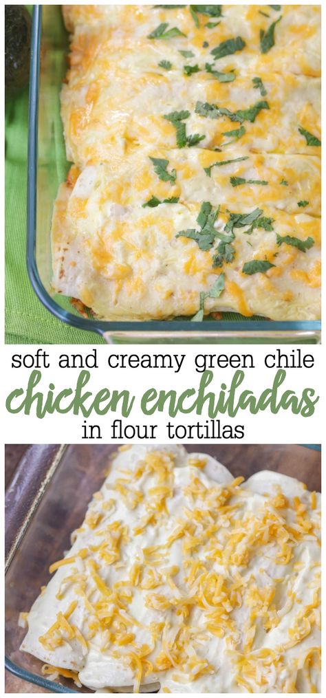 Green chile chicken enchiladas made from chicken, sour cream, cream cheese and more stuffed into a soft flour tortilla. These are the creamiest chicken enchiladas you will ever find! Chicken Enchiladas With Sour Cream, Creamy Chicken Enchiladas Recipe, Sour Cream Chicken Enchilada Recipe, Tortilla Chicken, Chicken Sour Cream, Cream Cheese Enchiladas, Enchiladas Chicken, Green Chicken Enchiladas, Cream Cheese Chicken Enchiladas