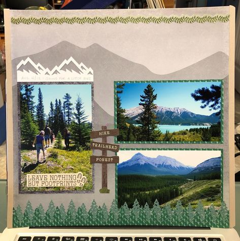 Mountains Scrapbook Layouts, Scrapbook Mountains Ideas, Mountain Scrapbook Layouts, Nature Scrapbook Layouts, Mountain Scrapbook, Hiking Scrapbook, Scrapbooking Alaska, Outdoors Scrapbook Layouts, Camping Scrapbook Layouts