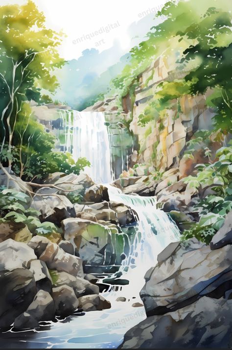 Waterfall In Watercolor, Waterfall Watercolor, Watercolor Scenery Painting, Watercolor Waterfall, Waterfall Drawing, Drawing Borders, Scenery Canvas, Waterfall Wallpaper, Watercolor Scenery