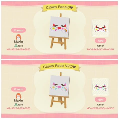 Acnh clowncore makeup design code with pastel version Acnh Design Id Codes Face Paint, Clown Animal Crossing, Acnh Stage Design Code, Clown Acnh Codes, Animal Crossing Clown Face Paint, Animal Crossing Makeup Design, Acnh Make Up Code, Acnh Clown Face Paint, Acnh Face Design Code