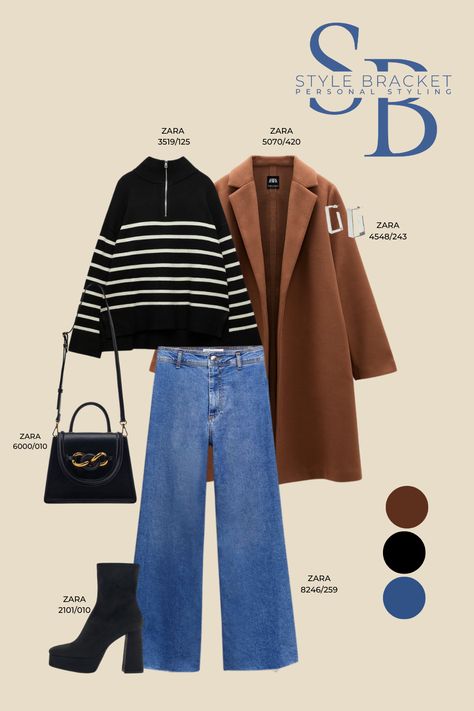 A fashion look created by Janie J. featuring black/white zip-stripped sweater, mid-camel cloth coat, straight jeans and platform heeled ankle boots. Browse and shop this look. #womenswear #womenfashion #ootd #camelcoat #straightjeansoutfit #platformheels #anklebootsoutfit #zipsweateroutfit #styleinspo #strippedsweater #zara Zip Sweater Outfit, Black Platform Ankle Boots, Striped Sweater Outfit, Straight Jeans Outfit, Camel Coat Outfit, Cloth Coat, Outfit Inspiration Women, Outfit Zara, Camel Sweaters