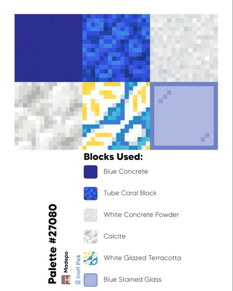 Minecraft White Palette, White Block Palette Minecraft, Minecraft Calcite Build, Minecraft Material Combinations, Minecraft Block Palette Aesthetic, Minecraft Colourful Builds, Minecraft Blue Color Palette, Blue Minecraft Palette, Minecraft Glass Builds