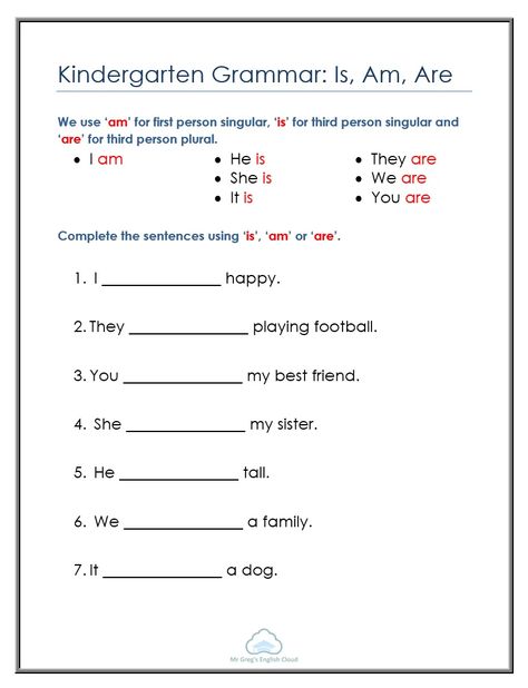 Kindergarten Grammar: Is, Am, Are - Mr Greg's English Cloud Basic Grammar For Kids, Am Is Are Grammar, Article Grammar, Kindergarten Grammar, English Grammar Exercises, English Grammar For Kids, Basic Grammar, Grammar Exercises, Grammar For Kids