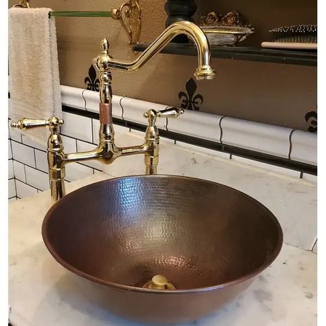 SimplyCopper 14" Round Hand Hammered Copper Vessel Bathroom Sink in Aged Copper - 14" X 5.5" - On Sale - Bed Bath & Beyond - 35362616 Copper Sink Care, Copper Vessel Sinks, Copper Sinks, Copper Sink Bathroom, Copper Bath, Copper Vessel, Round Sink, Bath Sinks, Aged Copper