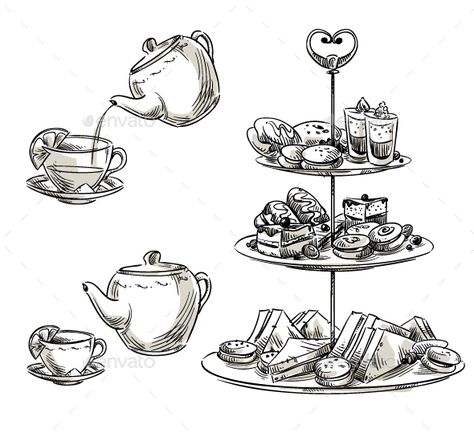 Set of Snacks on a Tray Teatime Sandwich Drawing, Plate Drawing, Desserts Drawing, Crystal Drawing, Pumpkin Vector, Cake Logo Design, Food Sketch, Line Art Vector, Vector Sketch