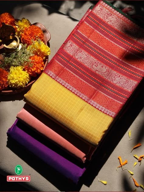 Adorned in glittering shades and intricate details, there's plenty to swoon over at the glimpse of our Kancheepuram pure silk sarees. #instapost #kancheepuramsarees #puresilks #silksofindia #silkethnics #viralpost #pothys #pothysofficial #puresilksarees 3w Dress Designs For Stitching, Bangle Ceremony, Kanjivaram Sarees Silk, Simple Saree Designs, Lehnga Dress, Fabric Photography, Sari Blouse Designs, Saree Photoshoot, Wedding Silk Saree