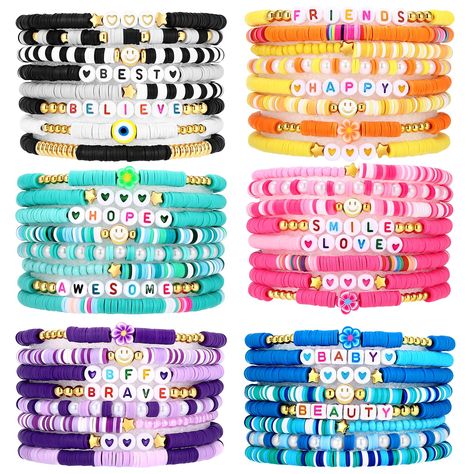 PRICES MAY VARY. 【Preppy Surfer Bracelets Set】 - The package comes with 48 pieces of preppy heishi bracelets in 6 color shades of black, green, purple, pink, blue, and yellow, 8 pieces of Preppy Jewelry Bracelets in each color shade, with colorful Clay Bead, very beautiful and personalized! 【Adjustable and Stretchy】 - Friendship bracelets are approximately 6.27 inch /15.93 cm in circumference, strung together with high elasticity rope, flexible and not tight, suitable for most people to wear and Casual Cheap Heishi Beads Friendship Bracelets, Cheap Heishi Beads Friendship Bracelets For Vacation, Cute Heishi Beads Friendship Bracelets, Preppy Jewelry Bracelets, Clay Bead Bracelet With Smiley Face, Smile Clay Bead Bracelet, Y2k Bracelets, Boho Y2k, Bracelets Heishi