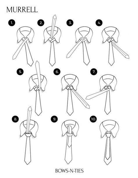 Murrell Instructions - Fun Fact: Inspired the Merovingian tie used in The Matrix - Brent Murrell created this knot back in 1995 as an adaptation of the Windsor. The actual knot itself is very similar to that of the Windsor but the difference lies where the large end hangs behind the tail end of the tie creating an unorthodox look. Trinity Knot Tie, Knot Instructions, Cool Tie Knots, Necktie Knots, Tie Knot Styles, Tie A Necktie, Cravat Tie, Windsor Knot, Neck Tie Knots