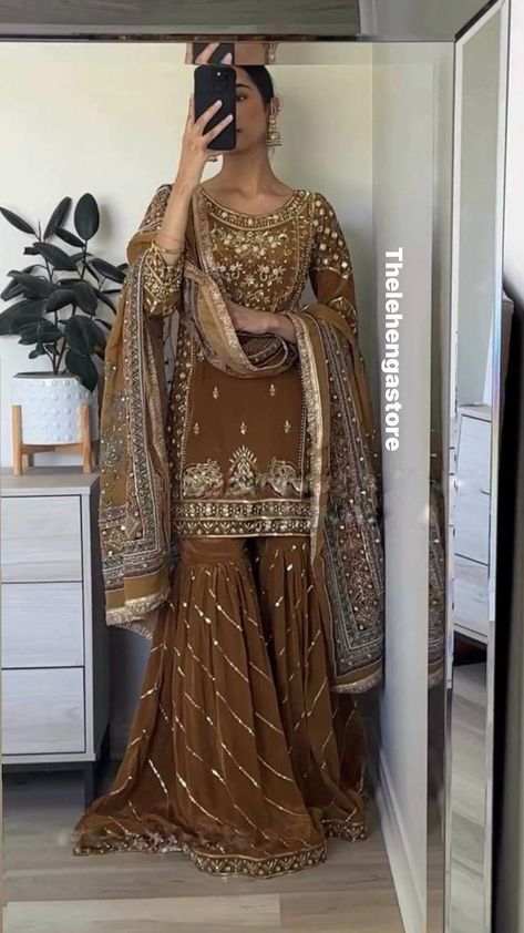 Golden Brown Bridal Kameez Katan With Silk Sharara Pakistani Wedding Nikah Dress Indian Wedding Suits Guest Partywear Gift for Her - Etsy Canada Sharara Set For Wedding, Heer Collection Suits, Heavy Sharara Suits For Wedding, Sharara Look For Wedding, Lehenga Kurti Designs, Golden Sharara Suit, Pakistani Heavy Suits, Pink Desi Outfit, Bridal Sharara Pakistani