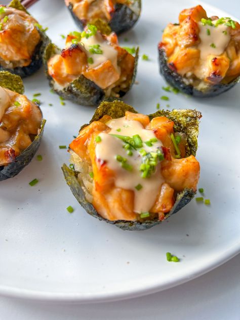 Sushi Bake Cups, Salmon Sushi Cups, Sushi Cups, Sushi Cupcakes, Boat Recipes, Salmon Bake, The Modern Nonna, Modern Nonna, Sushi Bake