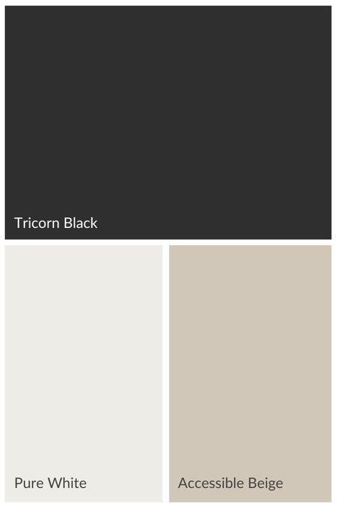 Tricorn Black and complementary paint colors Black And Tan Paint Scheme, Accessible Beige And Tricorn Black, Tricorn Black Color Palette, Tricorn Black Sherwin Williams, Sw Tricorn Black, Sherwin Williams Tricorn Black, Black Painted Stairs, Accessible Beige Sherwin Williams, Reno House