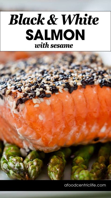 Black and white sesame salmon is an Asian inspired dinner idea. Serve on a bed of roast asparagus for a tasty springtime dinner idea. Salmon Cream Cheese Sushi Bake, Sesame Seed Salmon, Salmon Sesame, Asian Inspired Dinner, Sushi Grade Salmon Recipes, Roast Asparagus, Salad Low Carb, Sesame Salmon, Seafood Sushi