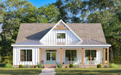 Board And Batten House Plans, 4 Bed 3 Bath Farmhouse Plans, Small House Plans With Porch, 1 Story Farmhouse Exterior, Small Home Plans 3 Bed 2 Bath, 32x36 House Plans, White Siding Farmhouse, 1400 Sq Ft Farmhouse Plans, Small House Plans 1200 Sq Ft