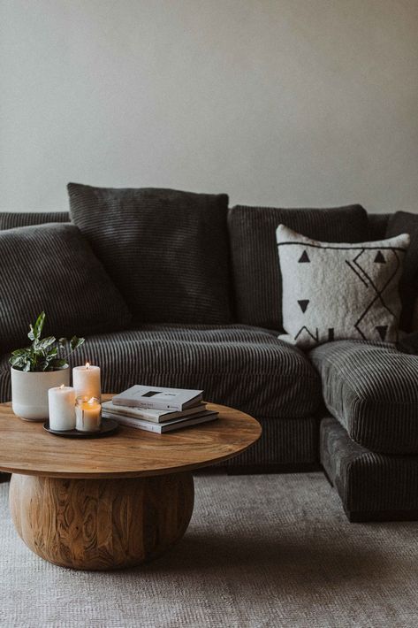 Dark Couch, Dark Grey Couch Living Room, Dark Grey Couches, Black Couches, Grey Couch Living Room, Sectional Chaise, Round Wood Coffee Table, Coffee Table To Dining Table, Couches Living Room