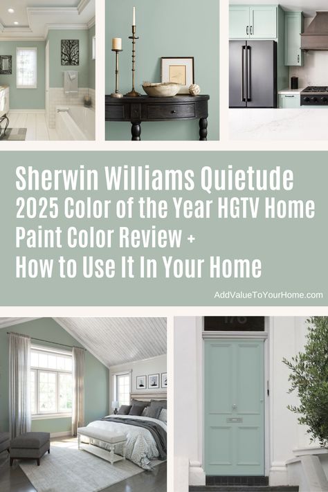 Sherwin Williams Quietude is 2025 HGTV Home Color of the Year.  Its a beautiful relaxing and calming cool green that is very versatile and transcends most interior design styles.

Learn how to use this beautiful cool green in your interior & exterior.

| Sherwin Williams Quietude | 2025 Color of the Year HGTV Home Quietitude Sherwin Williams, Colors That Go With Quietude, Quietude Sherwin Williams Kitchen, Upward Sherwin Williams Living Rooms, Green Paint Colors For Bedroom, Snowfall Sherwin Williams, Sticks And Stones Sherwin Williams, Quietude Sherwin Williams Bedrooms, 2023 Paint Colors Of The Year Sherwin Williams