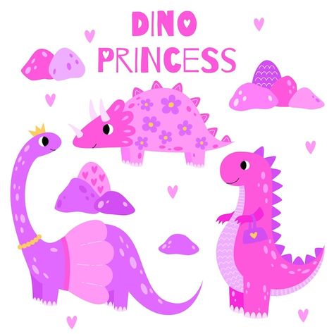 Set cute dinosaur princess sweet pink di... | Premium Vector #Freepik #vector #cute-illustration #dinosaur #cute-cartoon #cartoon-art Girl With Crown, Crown Cartoon, Cartoon Cartoon, Kids Illustration, Cartoon Funny, Funny Character, Card Invitation, Cute Dinosaur, Nursery Design