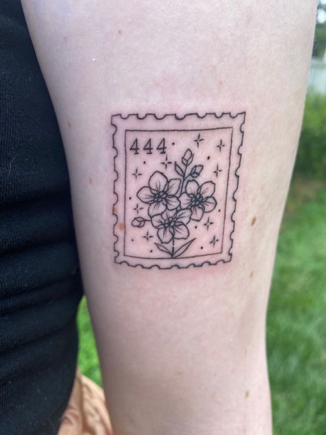 Stamp Tattoo Ideas Postage, 444 Flower Tattoo, Iris Stamp Tattoo, 444 Tattoo With Flowers, Violet Stamp Tattoo, Floral Postage Stamp Tattoo, Flower Postage Stamp Tattoo, Stamp Tattoo Flower, Post Stamp Tattoo Ideas