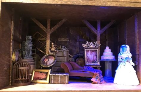 Haunted Mansion 1/24 scale dollhouse - Attic scene with Constance Hatchaway Haunted Mansion Dollhouse, Dollhouse Attic, Themed Dollhouse, Seance Room, Constance Hatchaway, Monster Door, Wallpaper Hallway, Dollhouse Library, Back Of My Mind