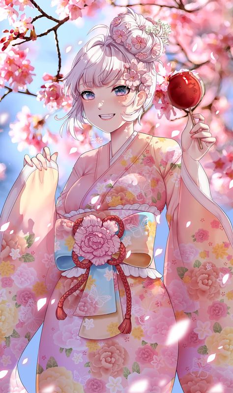 Rolled Magazine Art, Anime Cherry Blossom, Anime Kimono, Cherry Blossom Art, Airbrush Art, Cute Anime Wallpaper, Kawaii Wallpaper, Girls Cartoon Art, Otaku Anime