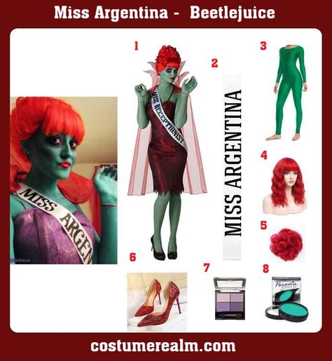 Dress Like Beetlejuice Miss Argentina Costume For Halloween Miss Argentina Beetlejuice Costume, Ms Argentina Beetlejuice, Beetlejuice Costume Female, Miss Argentina Costume, Beetlejuice Waiting Room, Beetlejuice Miss Argentina, Miss Argentina Beetlejuice, Beetlejuice Costumes, Red Hair Costume