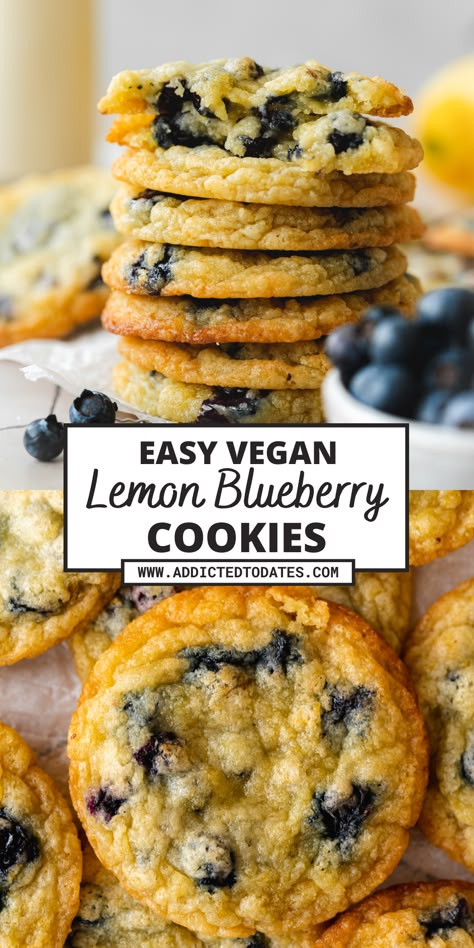 Close-up of a freshly baked vegan lemon blueberry cookie, studded with juicy blueberries and flecked with lemon zest. Lemon Blueberry Cookies, Vegan Baking Recipes, Blueberry Cookies, Vegan Cookies Recipes, Cookies Vegan, Vegan Blueberry, Desserts Vegan, Dessert Dips, Sem Lactose