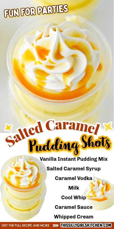 Fall Pudding Shots, Salted Caramel Pudding Shots, Caramel Pudding Shots, Salted Caramel Pudding, Chocolate Pudding Shots, Pudding Shot Recipes, Easy Salted Caramel, Jello Pudding Shots, Caramel Vodka