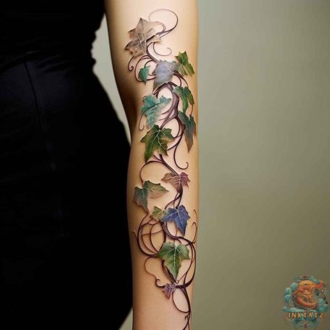 Elven Leaf Tattoo, Flowery Vine Tattoo, Fine Line Ivy Tattoo, Tattoo Vines For Women, Vine Arm Tattoos For Women, Ivy Tattoo Vines For Women, Plant Leg Tattoo, Grapevine Tattoo, Vine Tattoos For Women