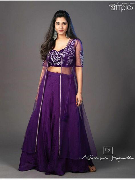 Crop Top Lehenga With Over Coat, Purple Lehenga Designs, Purple Colour Dress, Long Skirt Top Designs, Long Skirt And Top, Gown Party Wear, Long Gown Design, Simple Kurta Designs, Long Kurti Designs