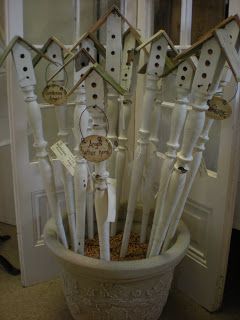 old spindles or table legs, sporting birdhouses Spindles Repurposed, Spindle Projects, Spindle Ideas, Birdhouse Garden, Spindle Crafts, Stair Posts, Stair Spindles, Little Garden, Garden Stakes