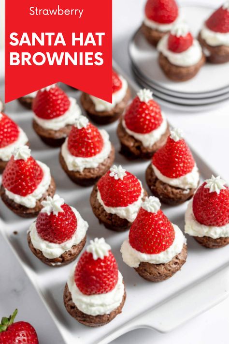 Strawberry Santa Hat Brownies combine rich, fudgy brownies with lovely layers of whipped cream and fresh strawberries. Perfect for holiday gatherings, these festive treats are a visual delight and a scrumptious addition to any festive dessert table. Celebrate your Christmas celebrations with these delicious and fun brownies that can easily impress everyone! Strawberry Christmas Desserts, Santa Brownies, Fun Brownies, Christmas Strawberries, Santa Hat Brownies, Santa Desserts, Strawberry Santa Hats, Strawberry Santa, Mini Brownie Bites